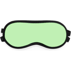 A green eye mask with a black trim and elastic straps. It features a branding logo.