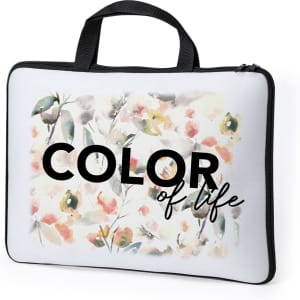 A laptop pouch featuring a floral design in soft colours, with a black handle and branding on the front.