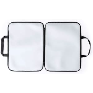A laptop pouch in white with black trim, featuring a zip closure and two handles, opened to reveal a spacious interior.