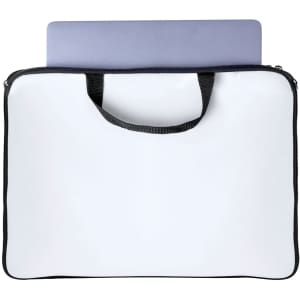 A laptop pouch in white with a black zipper and handles, featuring a grey laptop partially visible inside.
