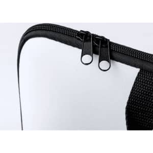 A laptop pouch in black and white featuring a double zipper and a textured surface.