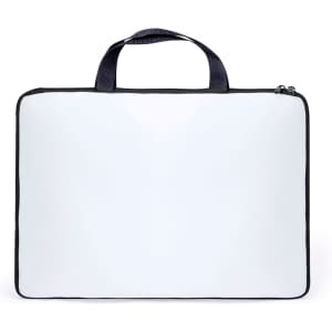 A white laptop pouch with a black zipper and handles, featuring a branding logo on the front.