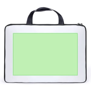 A laptop pouch with a white exterior and a green blank area on the front, featuring a black zipper and handles.