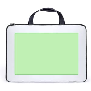 A laptop pouch with a white exterior, black trim, and a blank green section for customisation. It features handles for easy carrying.