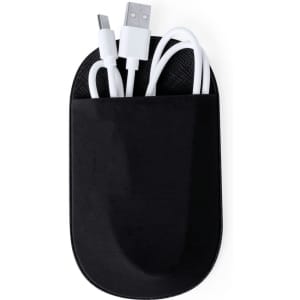 A black Zygon Pouch containing white charging cables and a USB connector, featuring a logo.