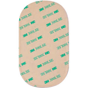 A brown adhesive backing with green branding and patterns, shaped in an oval form, featuring a 3M logo.