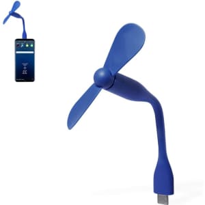A blue mini fan with a flexible neck and a connector for USB devices, featuring a small fan blade.
