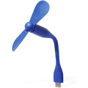 A blue portable fan with a flexible neck and a USB connector. It features a three-blade design and has a branding logo.