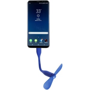 A blue phone fan with flexible connection, designed to attach to a mobile device. It features a small propeller.