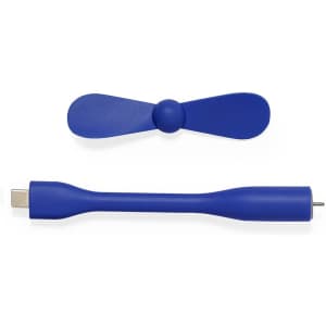 A blue fan accessory with a USB connector and propeller attachment, featuring a simple design and a branding logo.