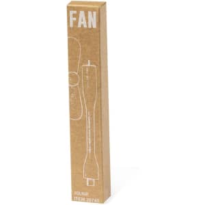 A box containing the Irvinton Fan, featuring a simple design and a colour scheme of brown and white.