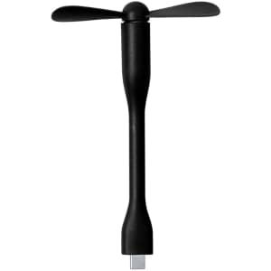 A black mini fan with two blades and a straight body, designed for use with technology products.