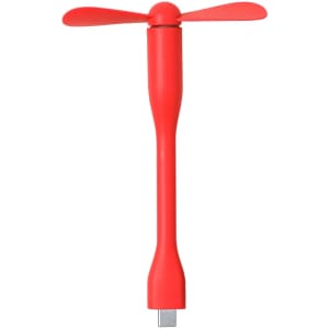 A red portable fan with two blades and a slim handle, featuring a logo on the body.