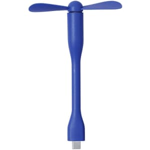 A blue portable fan with a USB connector, featuring two propeller blades at the top and a sleek handle.
