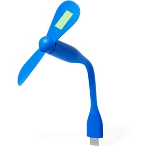 A blue USB fan with a flexible neck and two blades, designed for portable use. It features a logo on the base.