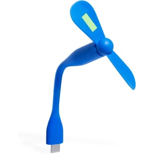 A blue fan with a flexible neck and a propeller design, featuring a connector for devices.