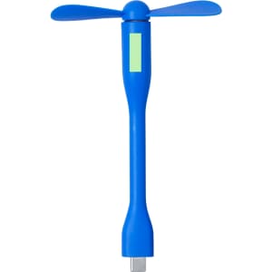 A blue fan with two plastic blades and a USB connector. It features a branding logo on the body.