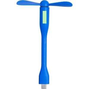 A blue portable fan with a USB connector and two plastic blades, featuring a logo on the body.