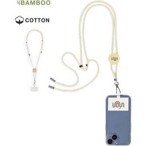 A lanyard in cream featuring a bamboo and cotton design, with attachments for a phone or card holder.