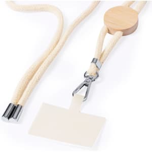 A cream-coloured lanyard featuring a wooden badge holder and metal clip for attaching identification cards.
