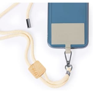 A lanyard with a cream-coloured rope and a wooden bead, attached to a phone holder with a metal clip.