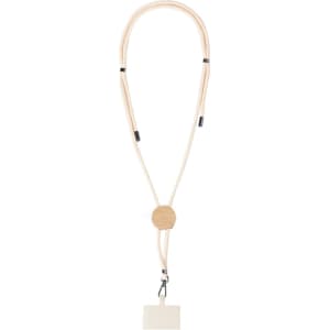 A beige lanyard with a wooden circle and a clip for holding a card or badge.