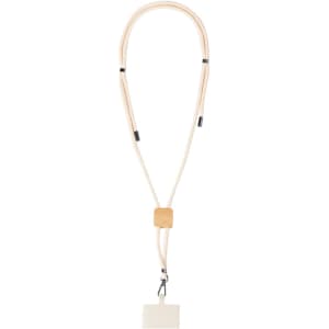 A lanyard with a wooden adjuster and a white badge holder, featuring a beige cord.