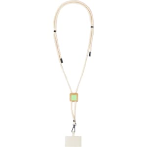 A beige lanyard with an adjustable neck strap and a square clip for holding identification or badges.