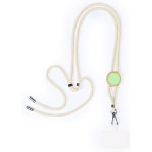 A cream lanyard with a green circular holder and metal clips for attaching ID or badges.