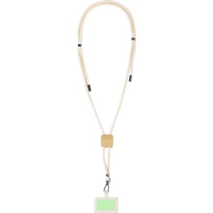 A lanyard in natural colour with a rectangular badge holder and wooden accent. Suitable for exhibitions and events.
