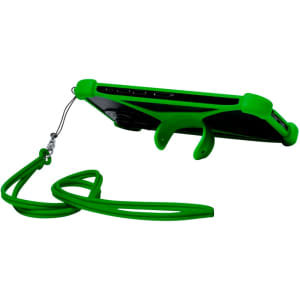 A green lanyard holder for a phone, featuring a flexible design and a secure attachment strap.