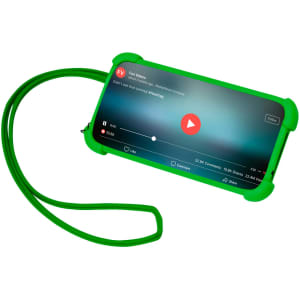 A green lanyard with a protective holder for a smartphone, featuring a neck strap for easy carrying.