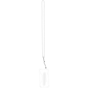 A clear lanyard holder with a white strap and a metal clip, designed for holding ID cards or badges.