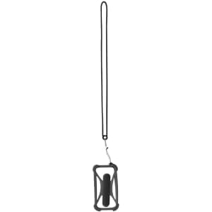 A black lanyard with a holder attachment, suitable for events and exhibitions. It includes a hook for securing items.