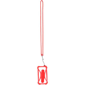 A red lanyard with a holder, designed for holding items, featuring a hook at the end.