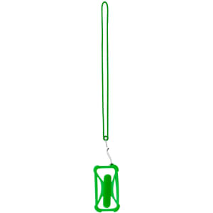 A green lanyard with a holder, designed for carrying items, featuring a logo.