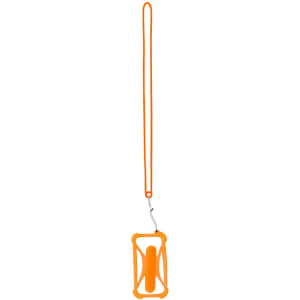 An orange lanyard with a holder, featuring a clip for securing items.