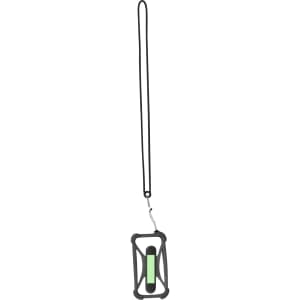 A black and green lanyard holder with a long black strap. It features a hook for attachment.