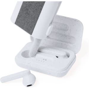 A cleaning set in white, featuring a cloth and case designed for cleaning phones and technology items.