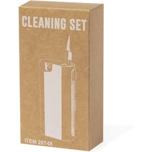 A cleaning set in a brown cardboard box, featuring a white design and a logo.