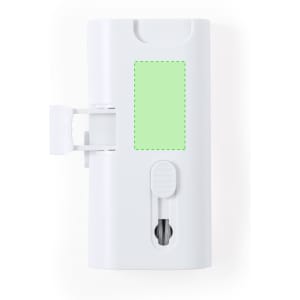 A white cleaning device with a green area and a clip for attachment. Suitable for phone and technology cleaning.