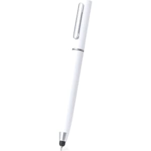 A white pen with a sleek design and a clip, featuring a black writing tip and a logo.