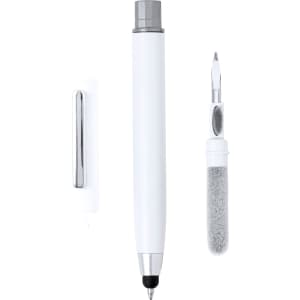 A white pen with a silver clip and a removable cleaning tip is displayed beside a grey cleaning cartridge.