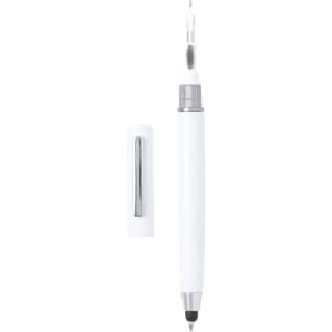 A white pen with a chrome clip and tip, featuring a removable cap.