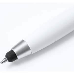 A white pen with a silver tip and black ink. The pen features a sleek design and has a branding logo.