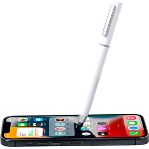 A white cleaner pen is resting on a black smartphone screen, displaying various app icons.