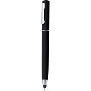 A black pen with a silver clip and a sleek design, featuring a logo on the body.