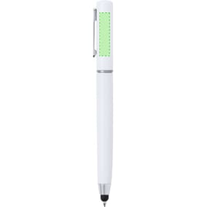 A white pen with a green accent and a clip, featuring a brand logo on the side.