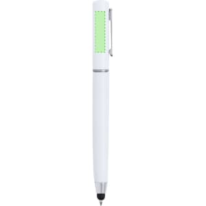 A sleek white pen with a green highlight section and a clip, featuring a pointed tip at one end.
