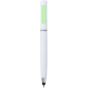 A white pen with a green accent and a logo on the barrel. The pen features a clean, modern design.